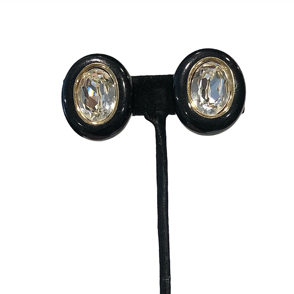 CHRISTIAN DIOR BLACK ENAMEL & FACETED CRYSTAL OVAL CLIP ON EARRINGS - Picture 3 of 16